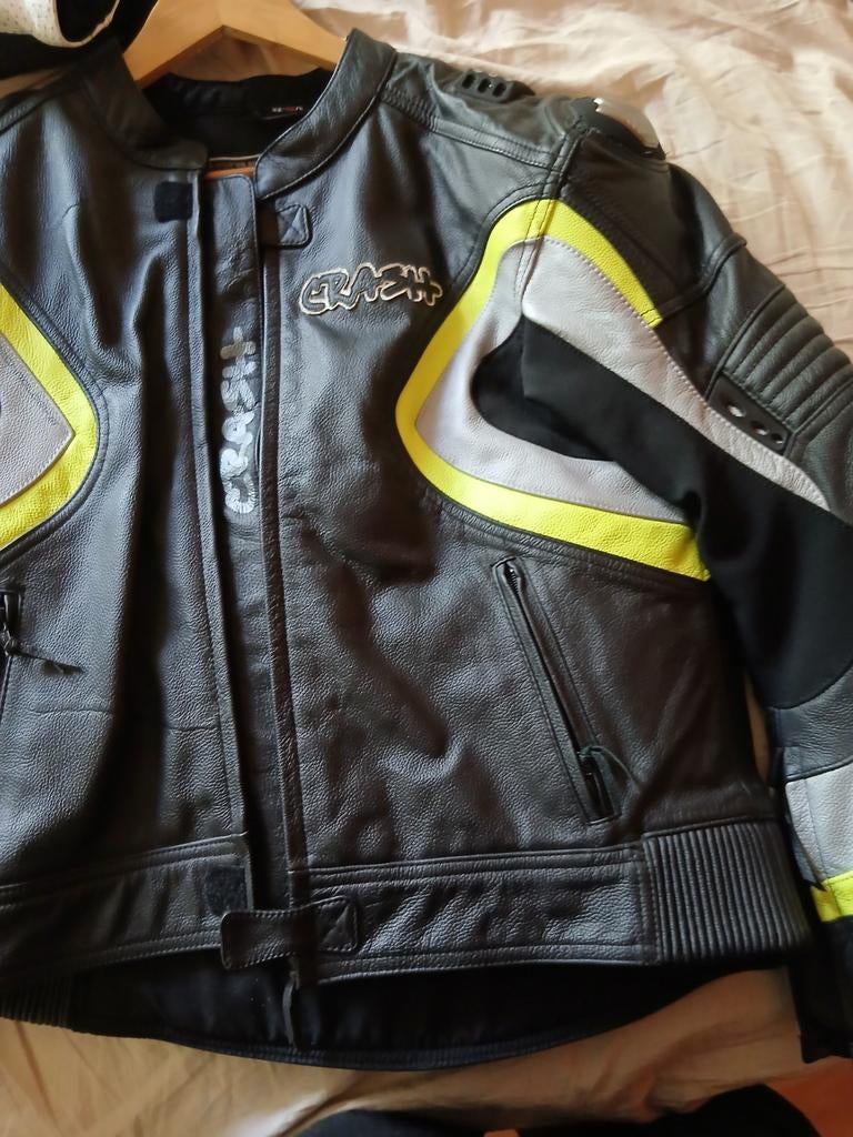 Leren motorjas Crash, zwart met geel en grijs, Motoren, Ophalen of Verzenden, Jas | leer
