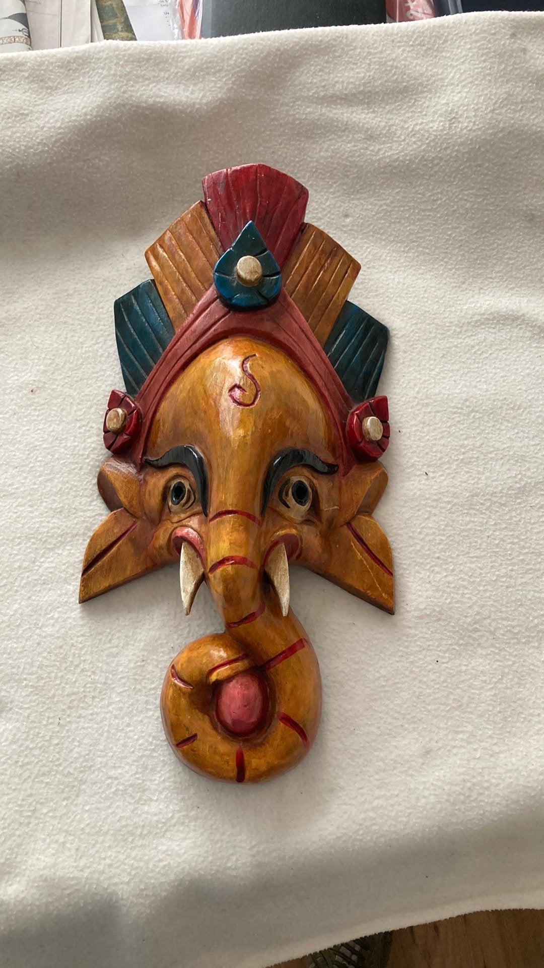 Ganesh(a) groot handbesch. houtsnijw. Olifant-hoofd. fraai!, Ophalen of Verzenden, Gebruikt