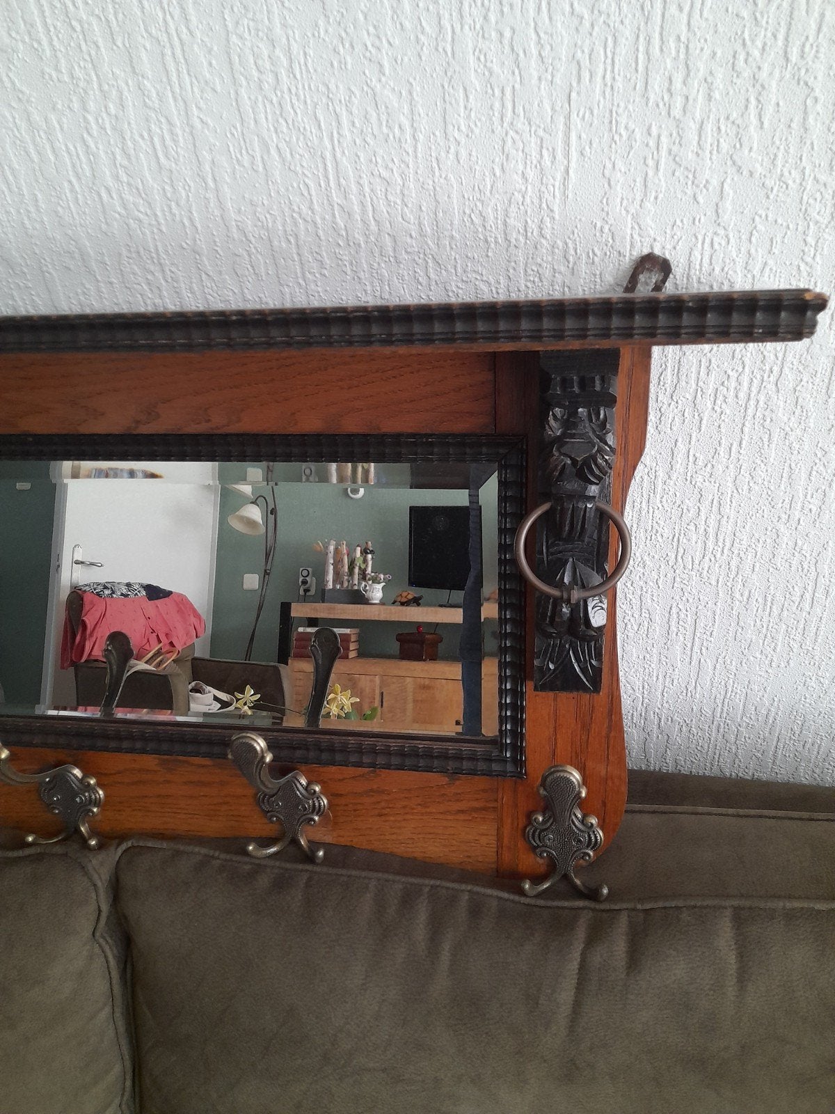 Antieke eikenhouten kapstok met spiegel en leeuwenkoppen, Antiek en Kunst, Ophalen