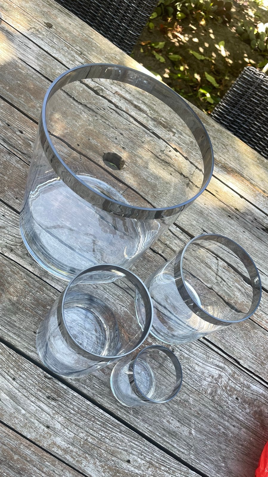 Set van 4 glazen vazen (windlichten) met zilveren rand., Huis en Inrichting, Ophalen, Zo goed als nieuw, Transparant, Glas