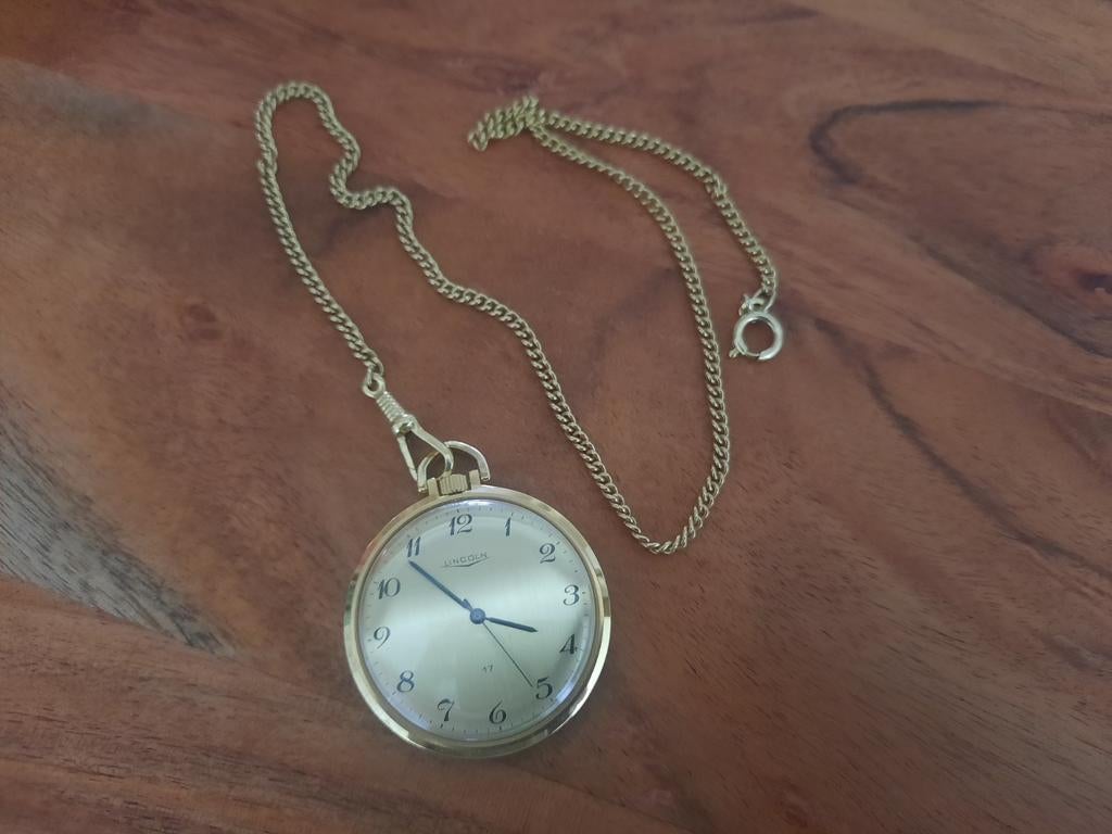 Zakhorloge Lincoln | verguld | inclusief ketting | 17 jewels, Overige merken, Overige materialen, Zakhorloge, Ophalen of Verzenden