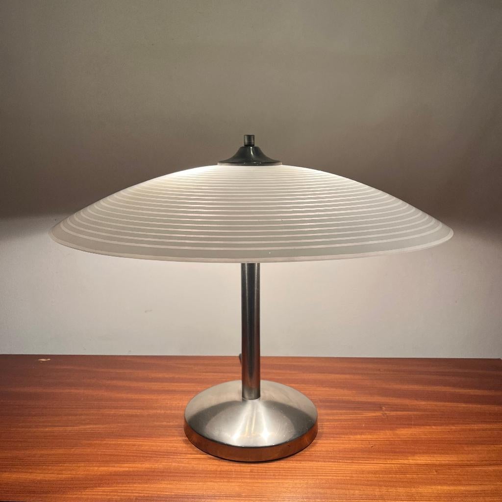 Giso tafellamp mat chroom met glazen schaal, Huis en Inrichting, Lampen | Tafellampen, Gispen, Ophalen of Verzenden, Zo goed als nieuw