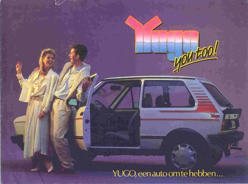 Yugo 45A, 55A (1987) + 2 bijlagen: prijslijst / dealerlijst, Ophalen of Verzenden, Nieuw, Overige merken