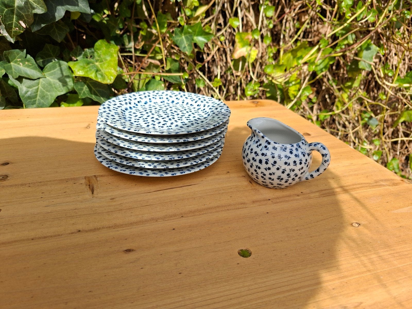 Set van 6 borden en melkkan met bloemmotief, Antiek en Kunst, Antiek | Servies los, Ophalen