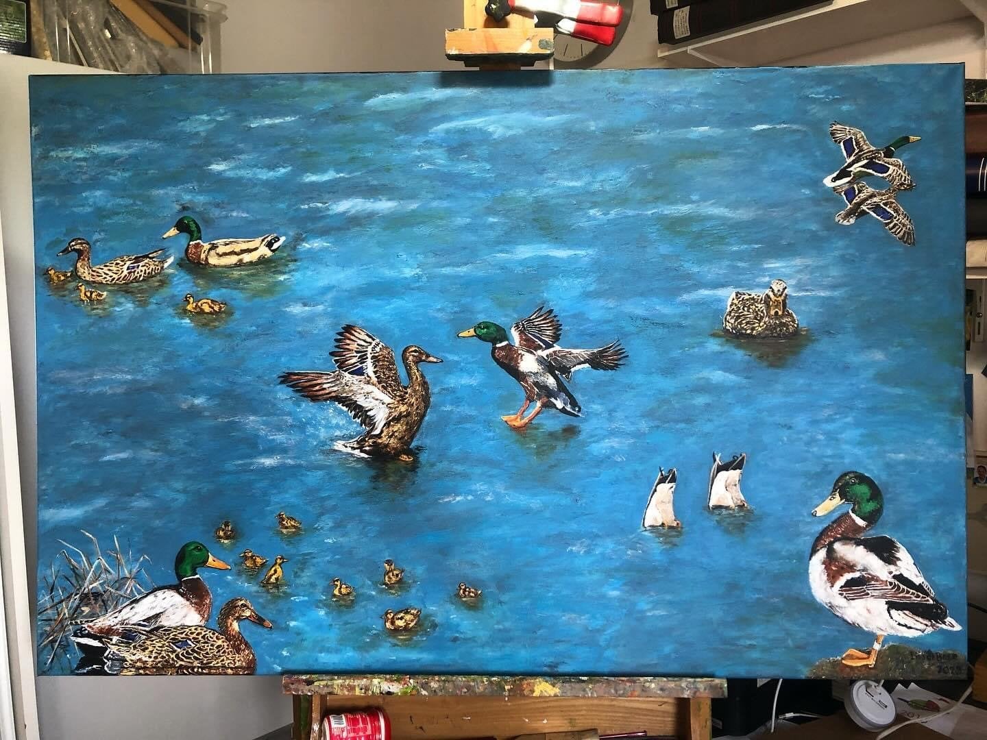 Olieverfschilderij eenden op canvas 75x115 cm, Handgeschilderd, Ophalen of Verzenden, Dieren, Olieverf