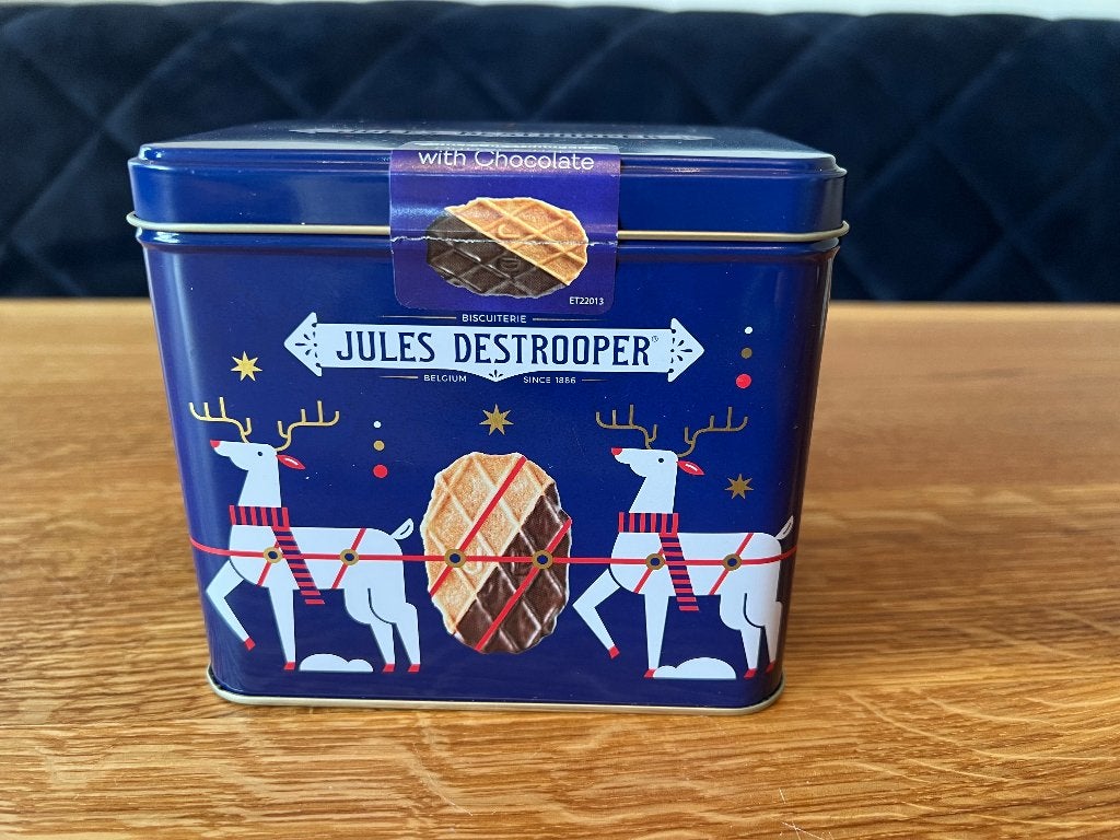 Jules Destrooper blauw Blik - Koekjesblik, Verzamelen, Blikken, Ophalen of Verzenden, Gebruikt, Overige