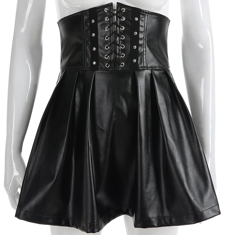 Zwarte kunstleren korset rok high waist plooirok dames rokje, Verzenden, Nieuw, Zwart, Boven de knie