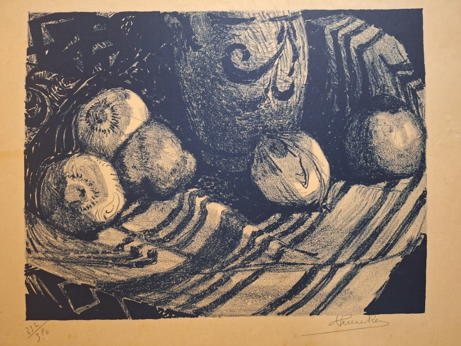 Gesigneerde Lithografie: Uien op Tafel, Antiek en Kunst, Gesigneerd, Ophalen of Verzenden, Overige onderwerpen, Lithografie