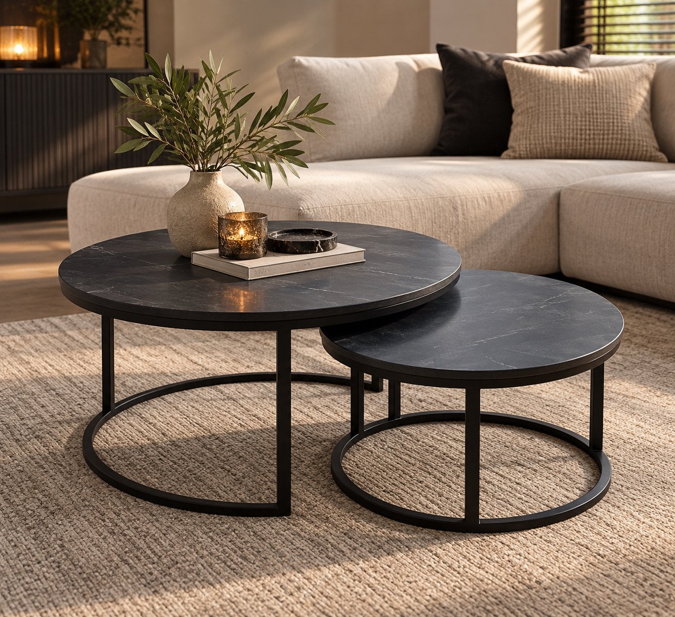 Set van 2 ronde salontafels met natuurstenen blad, Huis en Inrichting, Rond, Nieuw, Metaal, 5 – 50