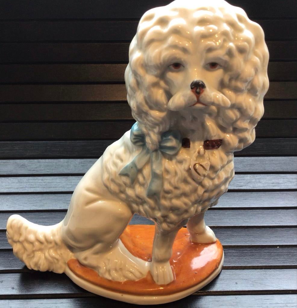Vintage Porseleinen Hondje met Blauwe Strik - Decoratief, Ophalen of Verzenden
