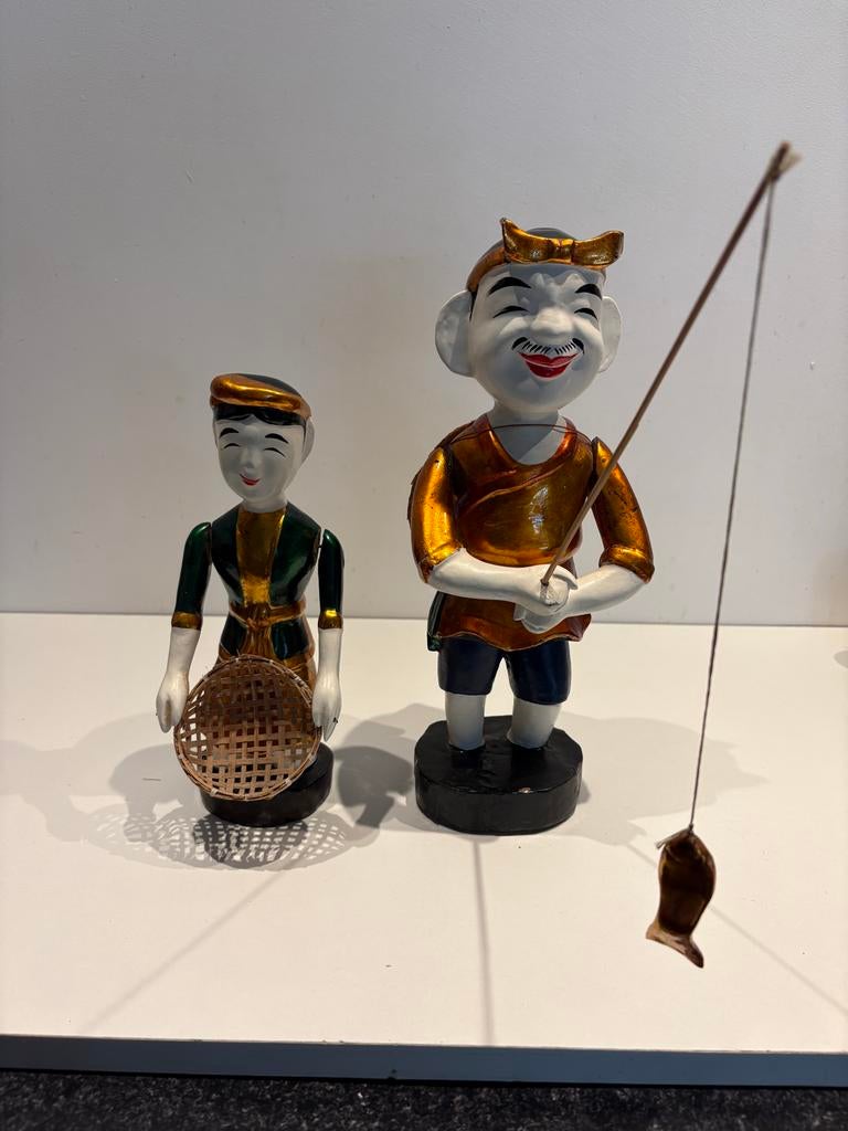 Handgeschilderde Vietnamese Waterpoppen - 2 Beeldjes, Ophalen of Verzenden, Gebruikt, Mens