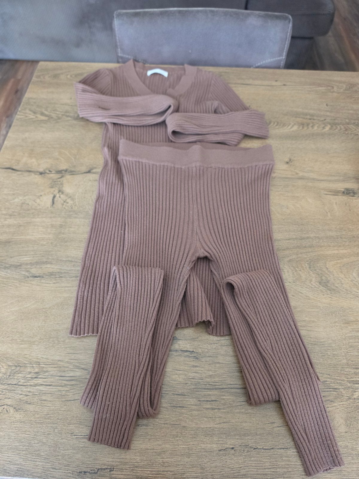 Geribbelde bruine legging en top set, Bruin, Overige maten, Legging, Ophalen