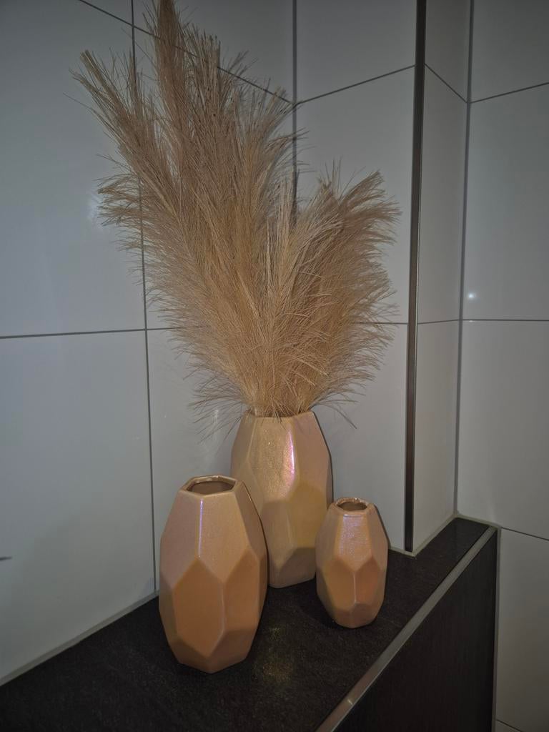 Prachtige set van 3 vazen met kunst pluimen, Ophalen, Zo goed als nieuw, Overige kleuren