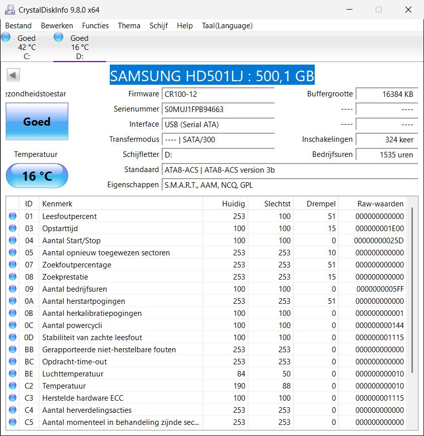 Samsung HDD 500GB 7200RPM Getest CrystalDiskInfo en HDDTune, Computers en Software, Harde schijven, Intern, Ophalen of Verzenden
