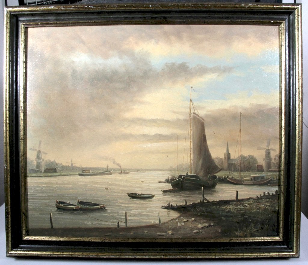 schilderij: Zicht op haven, Antiek en Kunst, Kunst | Schilderijen | Klassiek, Ophalen, Doek, Realistisch, Bijzondere lijst