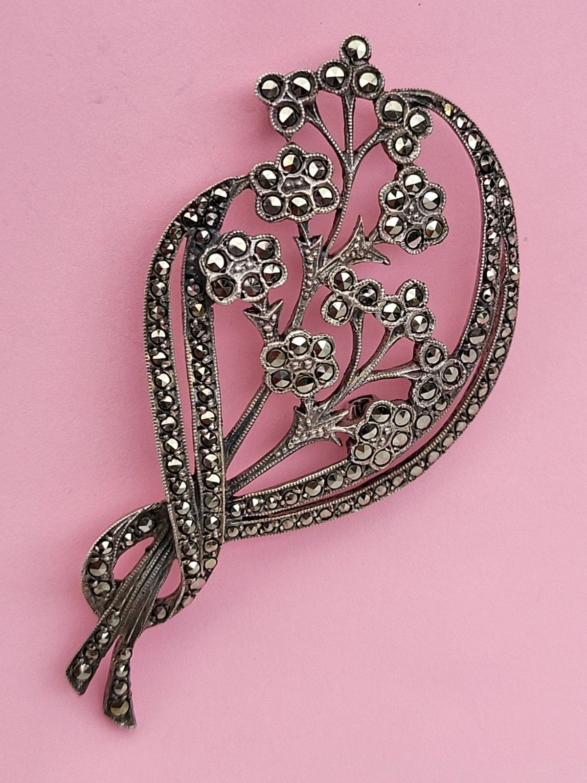 Vintage Zilveren Broche met Markasiet Bloemenboeket ART DECO, Ophalen, Zilver, Broche, Met edelsteen