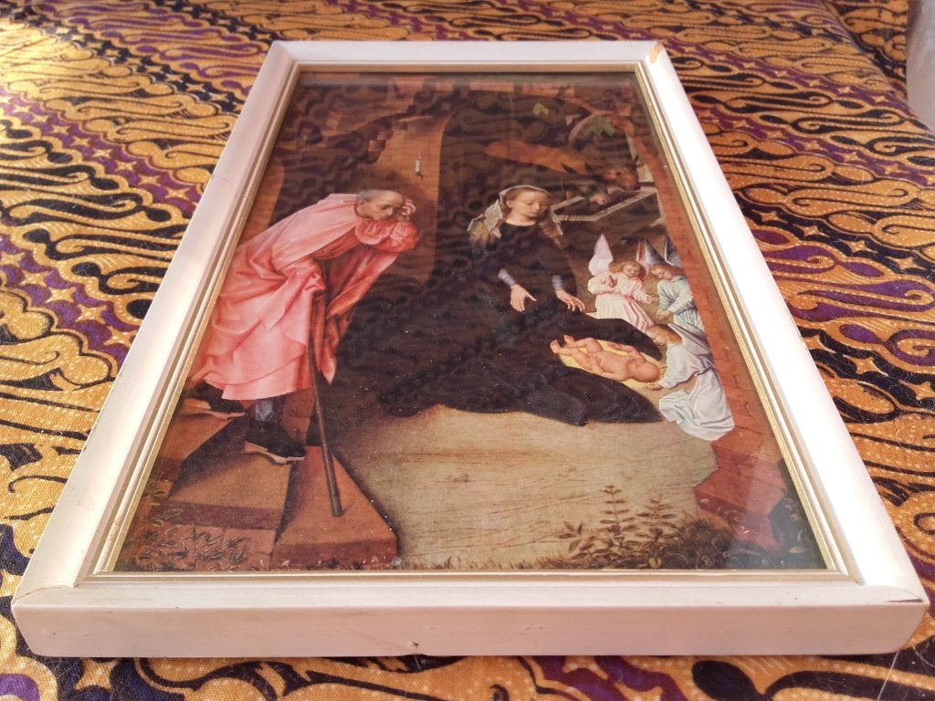 Oude ingelijste prent uit Italië met Maria en kind 26,5 cm., Ophalen of Verzenden