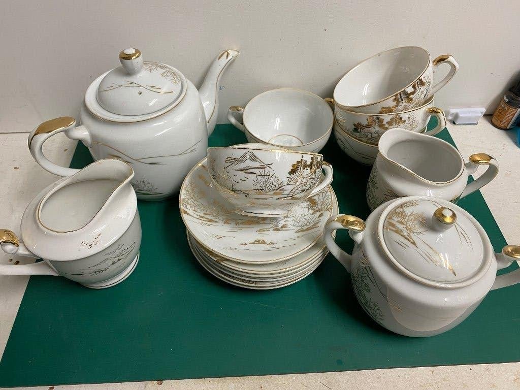 Vintage Kutani Japan theeservies met Geisha lithophane, Huis en Inrichting, Keuken | Servies, Ophalen, Aziatisch, Gebruikt, Overige merken