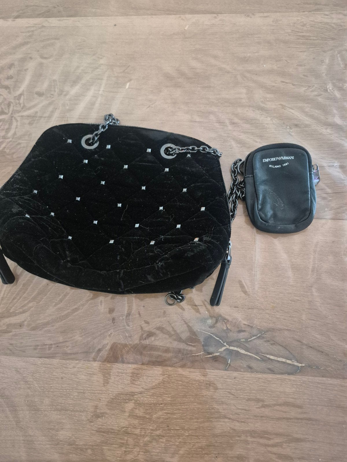 Emporio Armani fluwelen tas met ketting en portemonnee, Ophalen, Gebruikt, Zwart, Schoudertasje