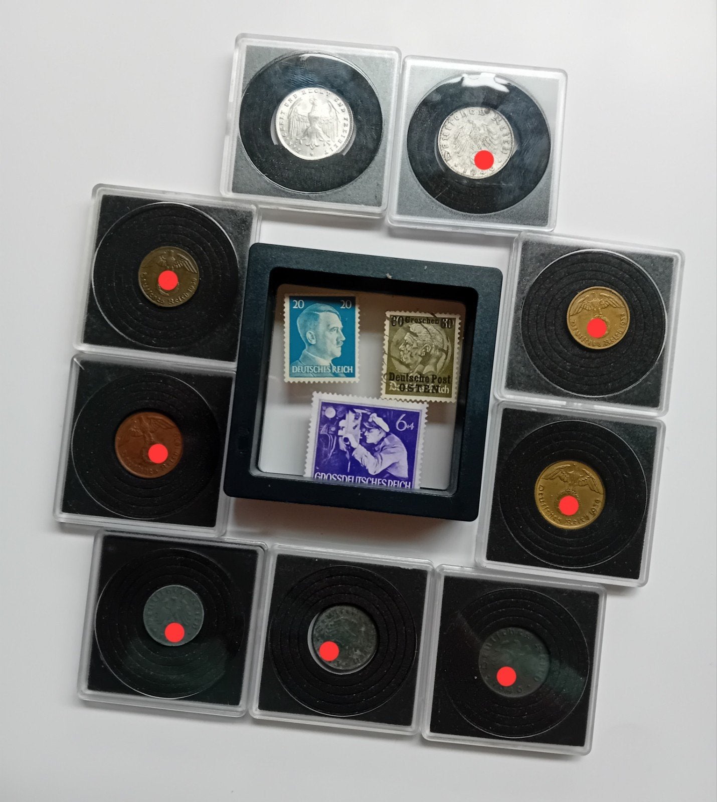 WO2 Verzamelset Reichspfennig Capsules + Postzegel WW-2, Ophalen of Verzenden, Landmacht, Duitsland, Hulzen of Bodemvondsten