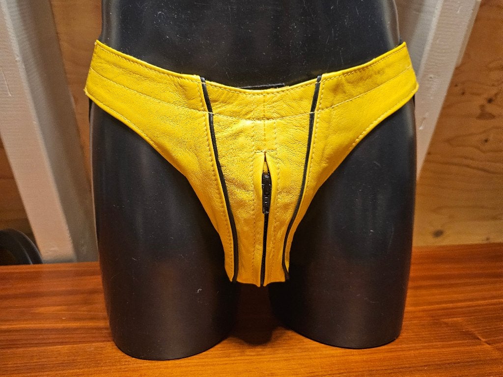 Leren jockstrap met rits M, Kleding | Heren, Ondergoed, Ophalen of Verzenden, Geel, Slip