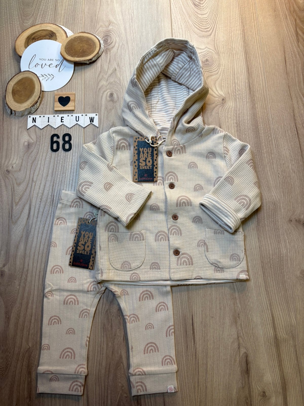 Baby meisje bakkaboe beige setje broekje jasje maat 68, Ophalen of Verzenden, Nieuw, Meisje, Setje