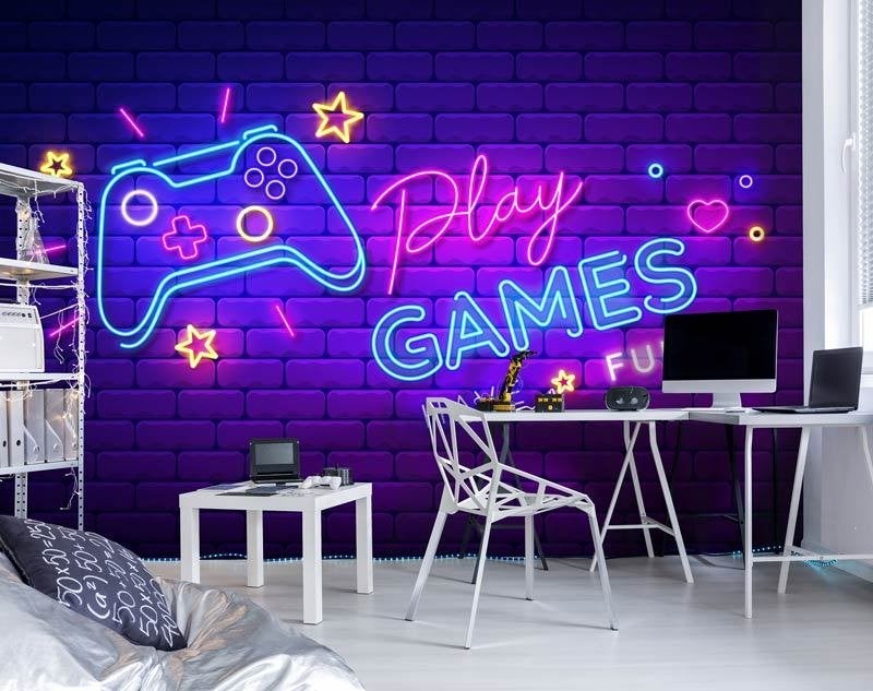 Fotobehang / Behang - Gamekamer - Neon Game - Play Games, Fotobehangkoning.nl, Overige patronen, Hoogeveen, Info@fotobehangkoning.nl