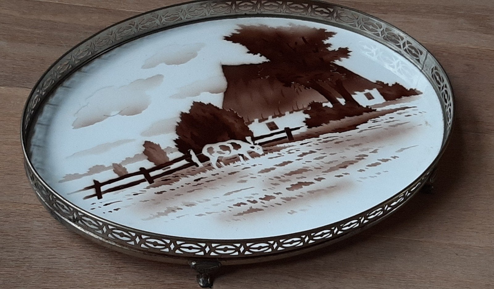 Antiek art deco dienblad boerderij koe keramiek Paetsch 1920, Ophalen of Verzenden