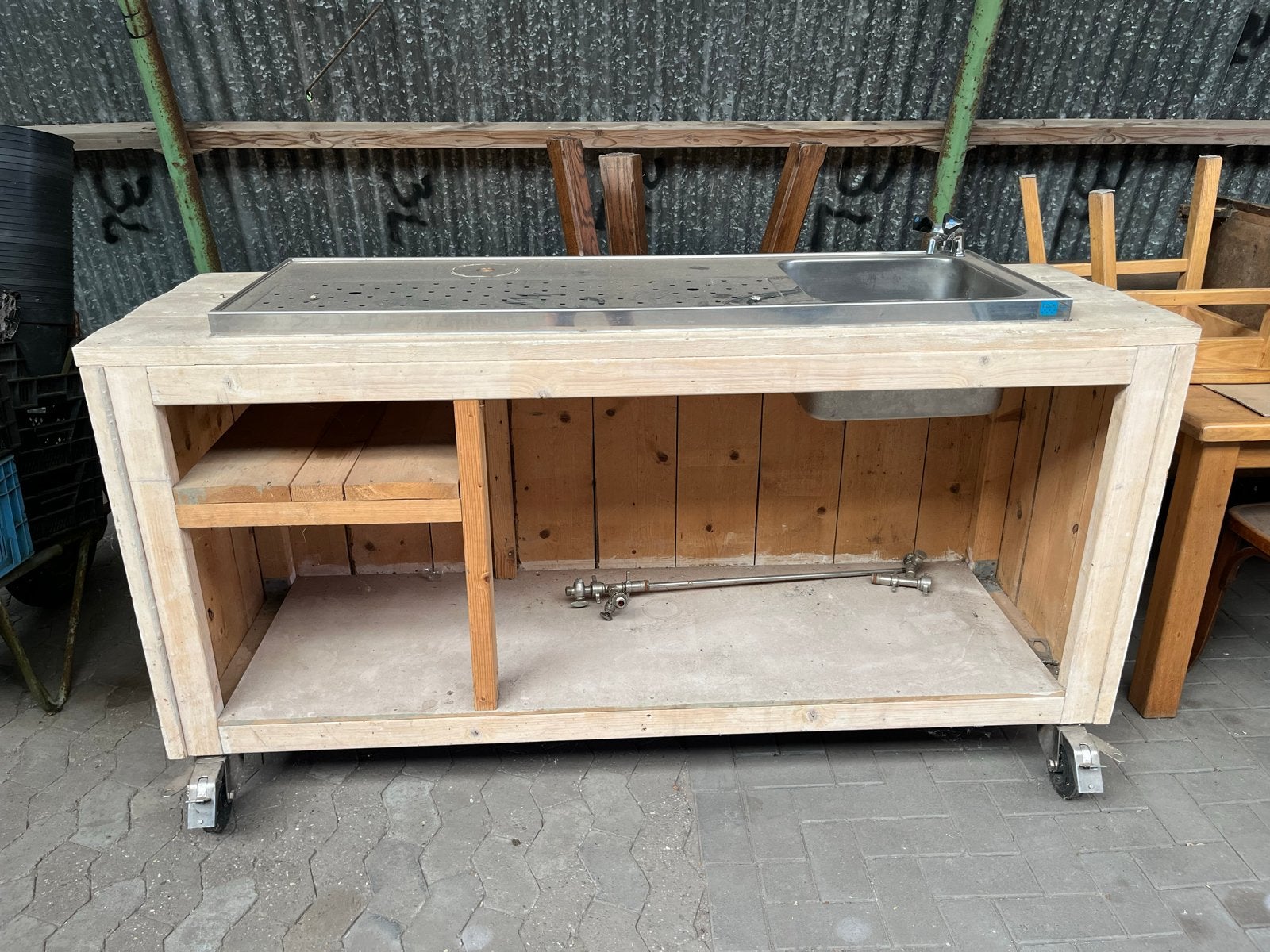 Houten Keukentrolley met RVS Spoelbak en Wielen, Ophalen, Gebruikt, Hout, Keukentrolley