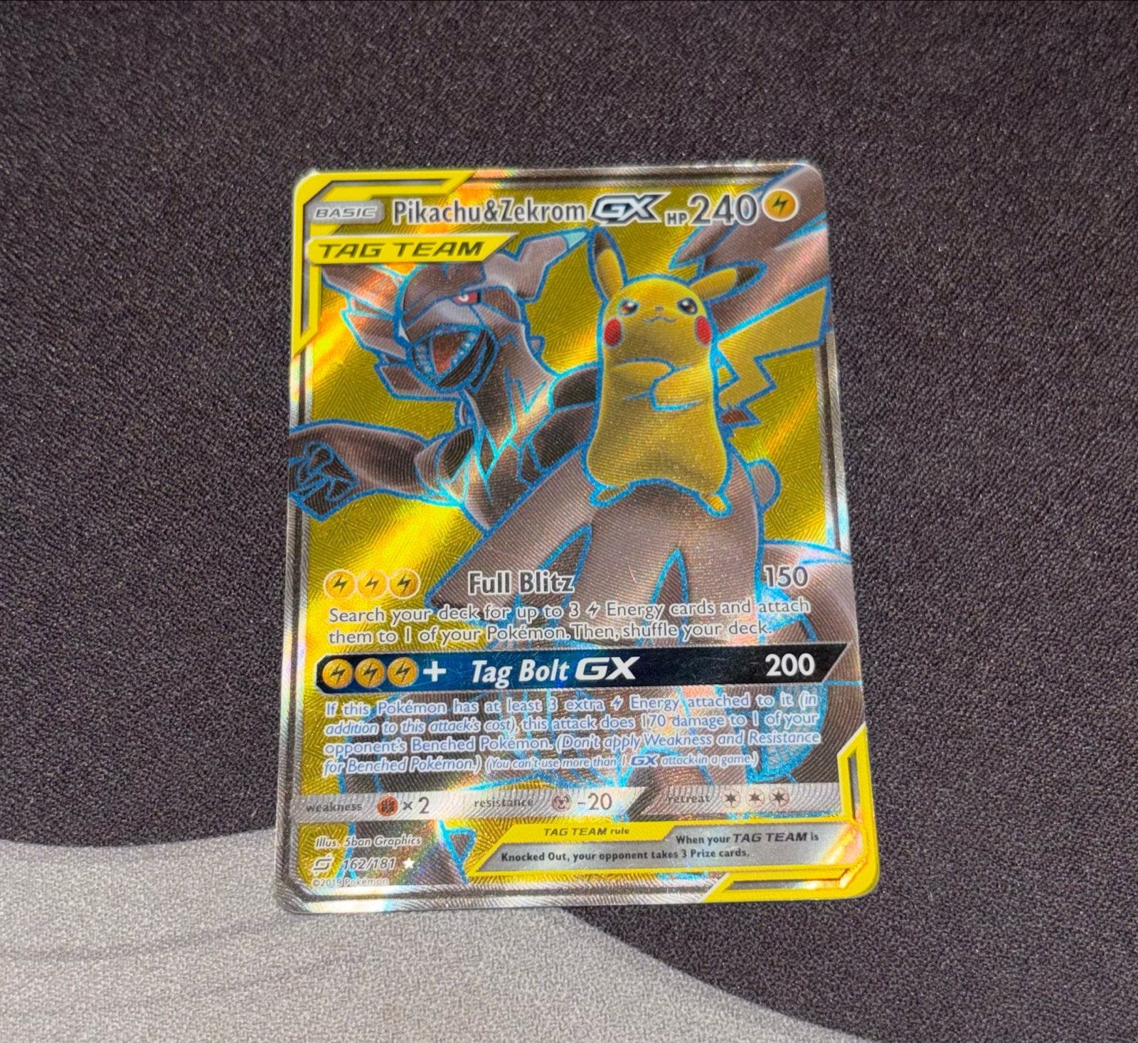 Pikachu & Zekrom GX Tag Team Pokémon Kaart, Ophalen, Gebruikt, Losse kaart, Foil