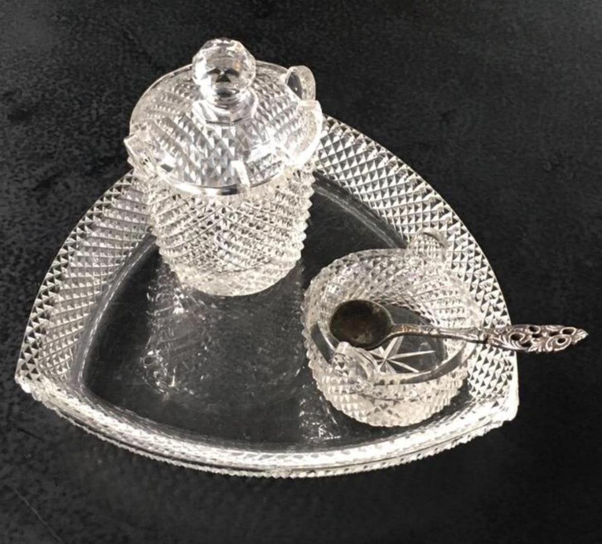 Vintage kristallen servies kaviaar met zilveren lepeltje, Antiek en Kunst, Ophalen