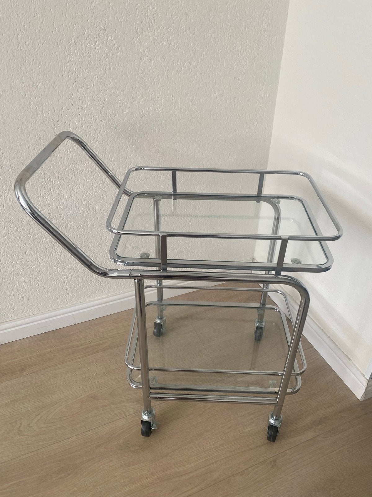 Vintage Chroom Glazen Serveerwagen / Bijzettafel, Ophalen, Zo goed als nieuw
