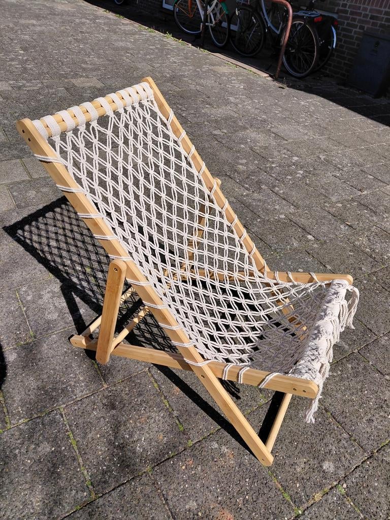 Boho ligstoel bamboe - macramé, Tuin en Terras, Ligbedden, Ophalen, Zo goed als nieuw, Hout, Verstelbaar