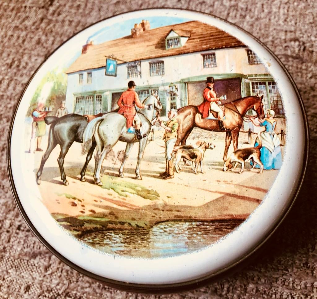 Rond oud blik met paardentaffereel ., Verzamelen, Blikken, Ophalen of Verzenden, Gebruikt, Overige