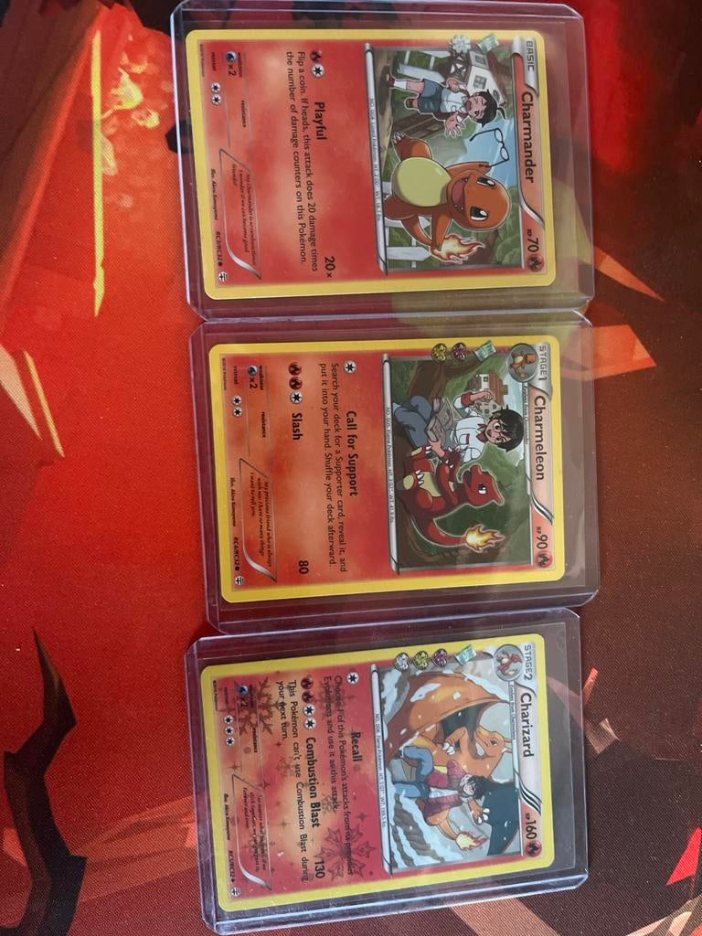 Pokémon Kaarten: Charmander, Charmeleon, Charizard Set, Ophalen of Verzenden, Zo goed als nieuw, Meerdere kaarten