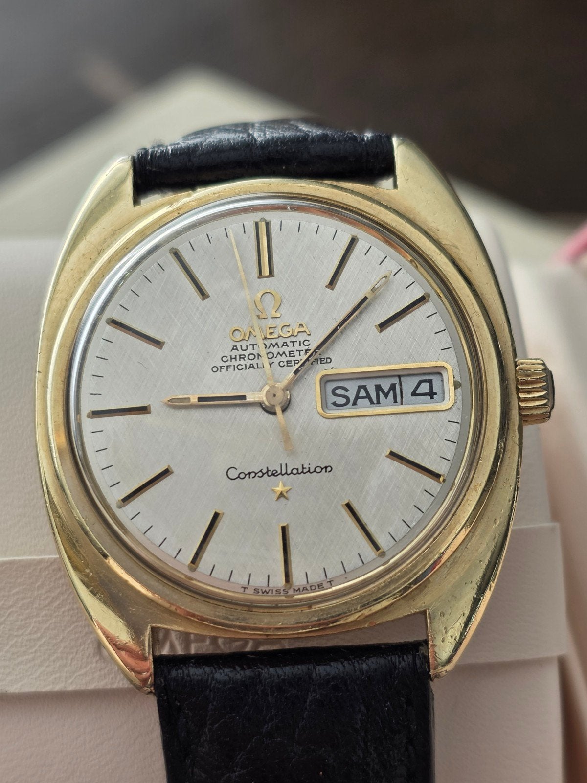 Omega Constellation Day-Date Chronometer Cal.751, Leer, Staal, Polshorloge, Ophalen of Verzenden