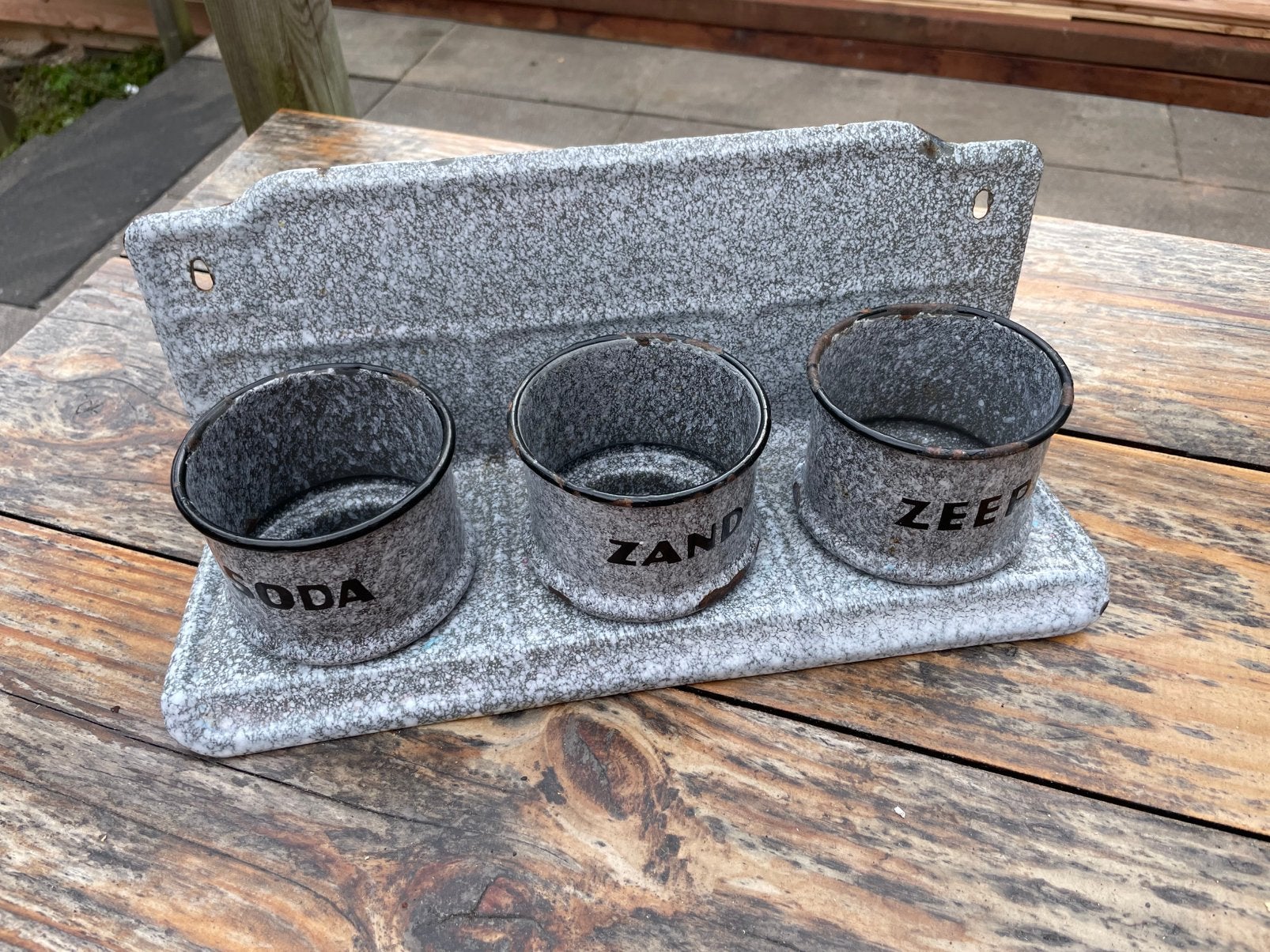 Zand zeep soda en lepelrek grijs emaille, Antiek en Kunst, Ophalen of Verzenden
