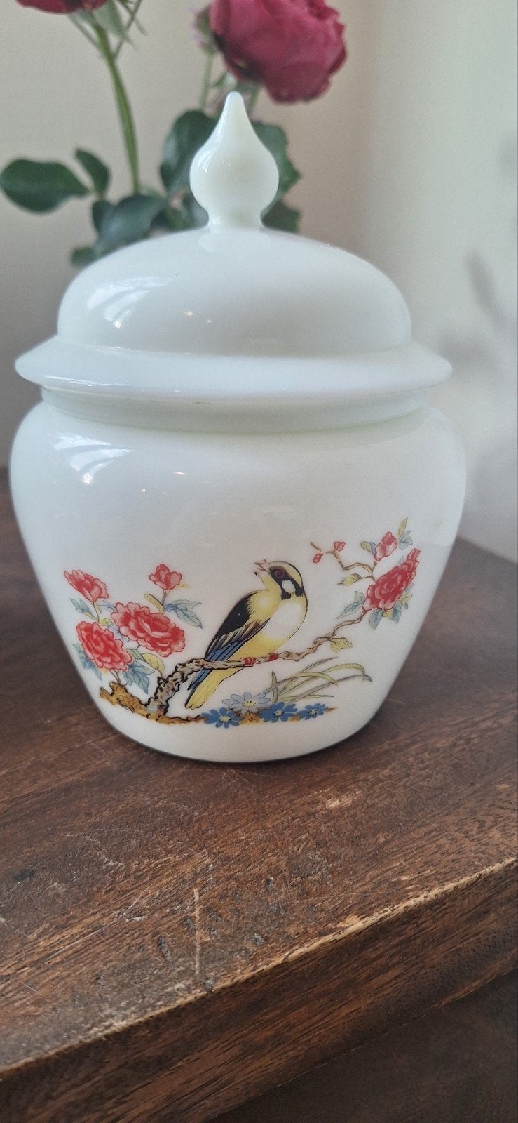 Set van 2 Vintage Avon Melkglas Potten met Vogeldecor, Antiek en Kunst, Ophalen of Verzenden