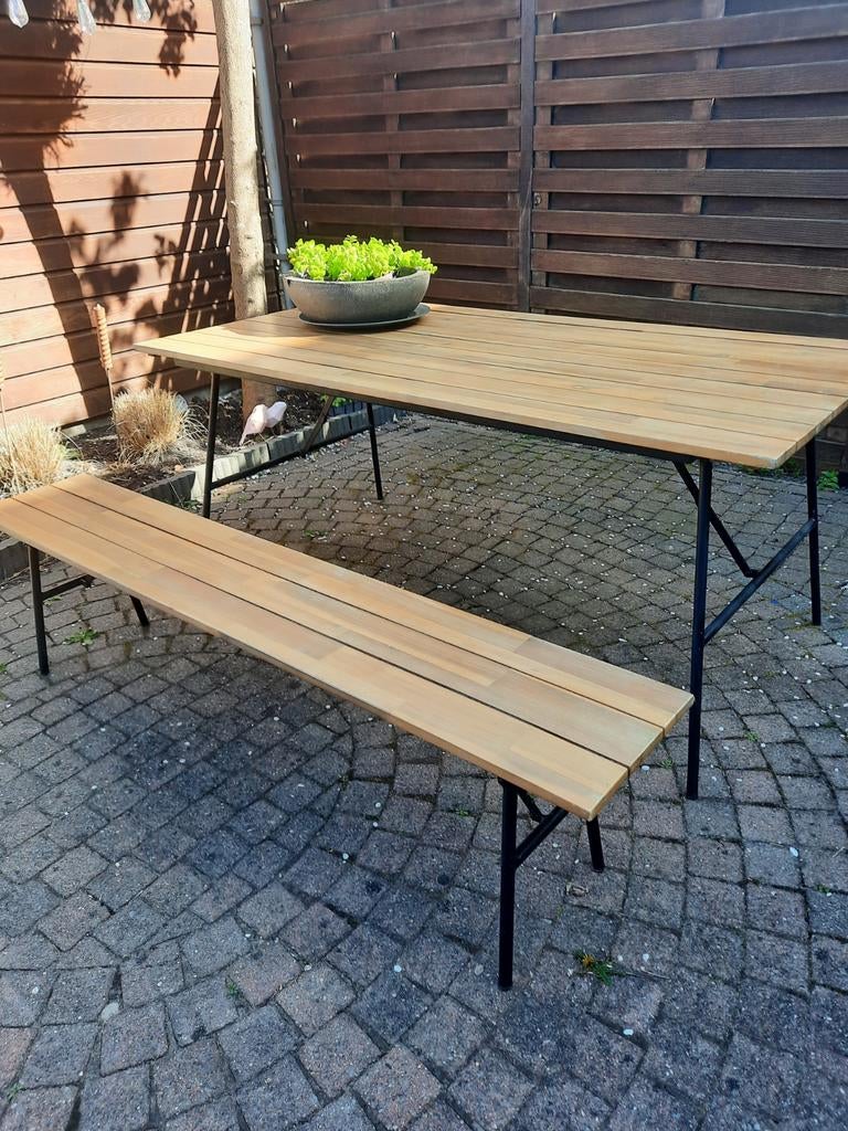 Buitentafel en bank, Tuin en Terras, Ophalen, Rechthoekig, Hout