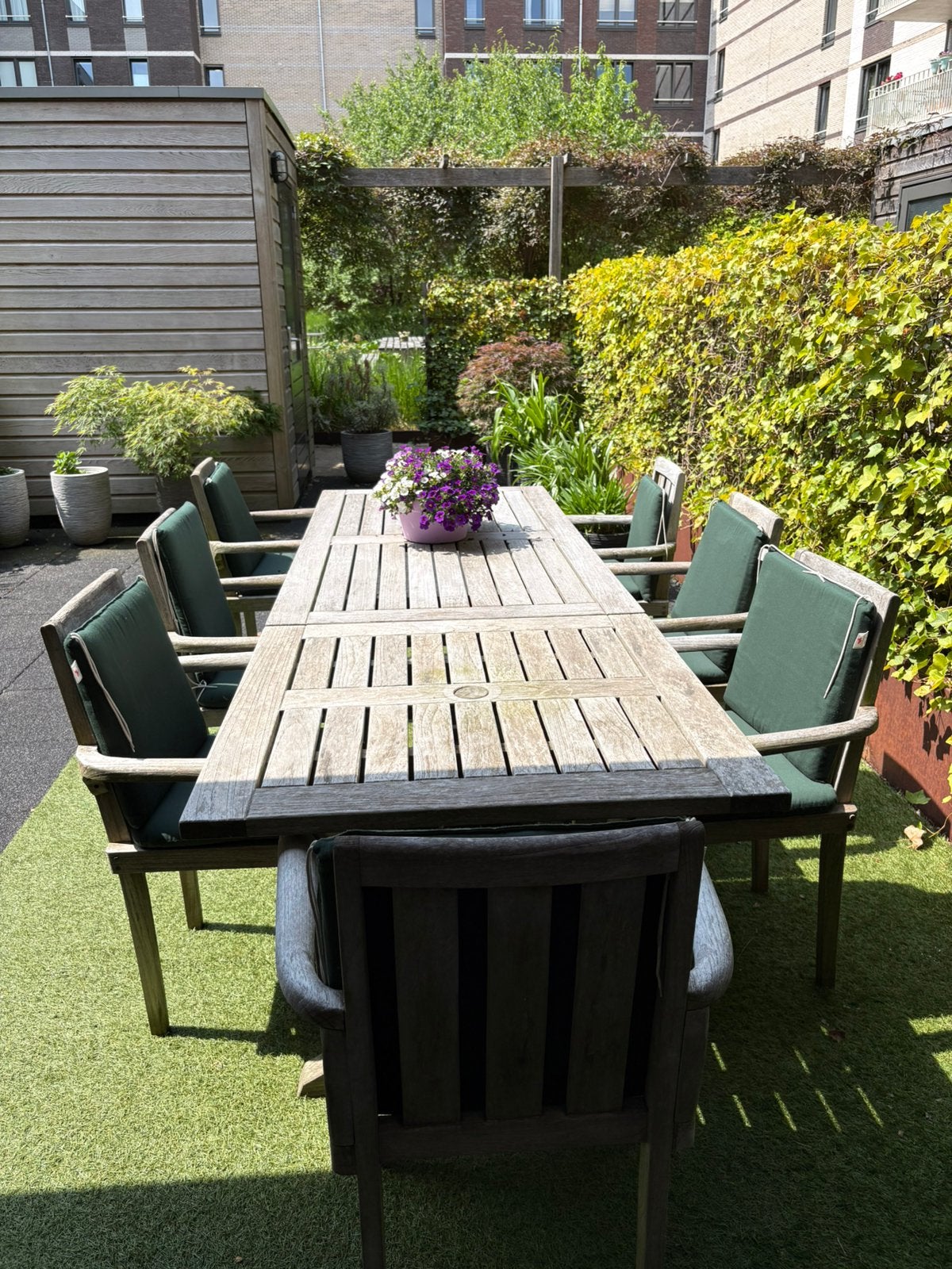 Teakhouten tuintafels met 7 stoelen, Tuin en Terras, Tuinsets en Loungesets, Ophalen, Gebruikt, Teakhout, 8 zitplaatsen