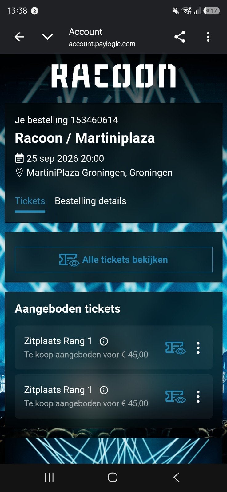 Racoon live 2 tickets 25 september