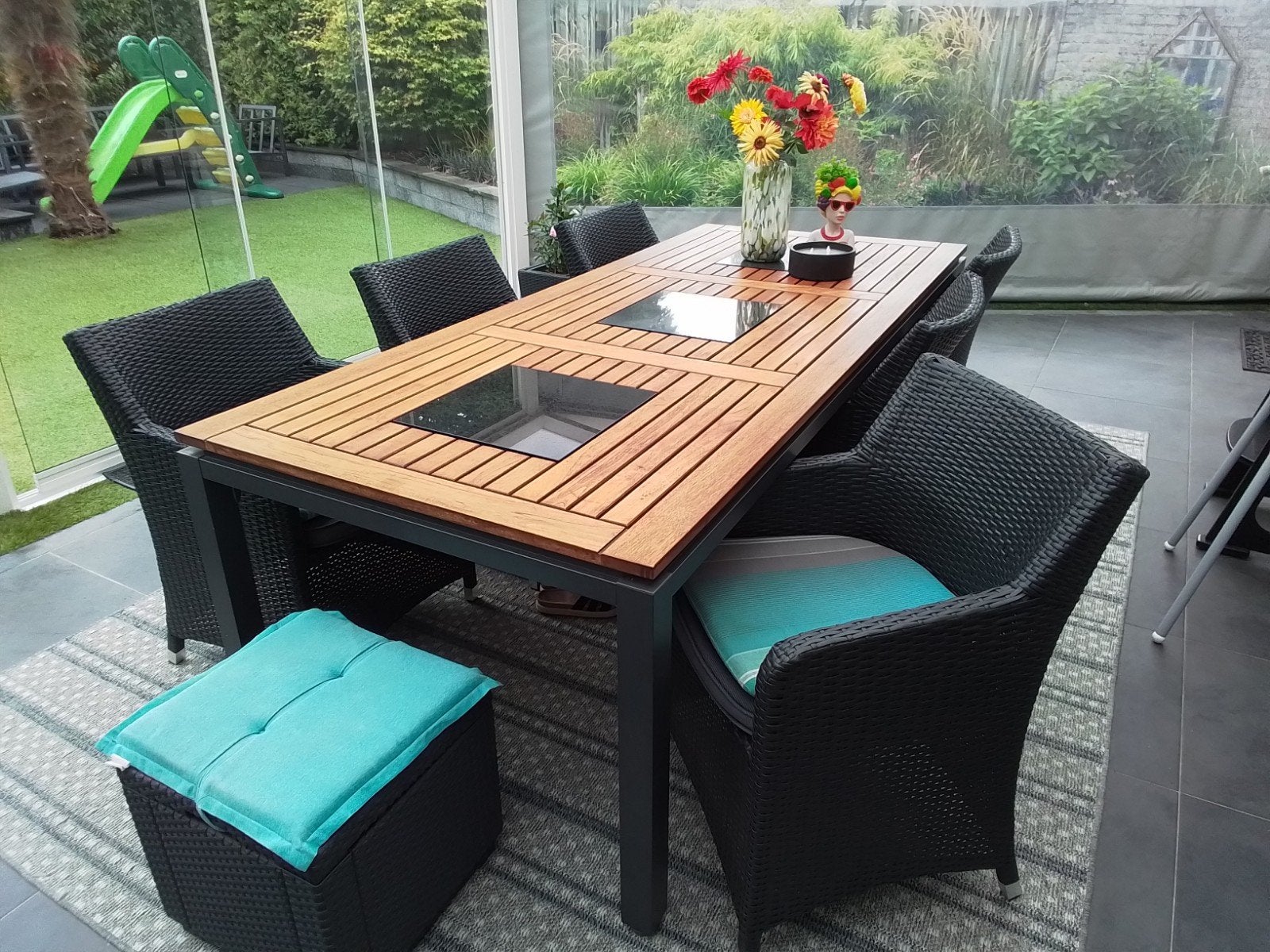 complete tuinset met hartman houten tafel, Ophalen, 6 zitplaatsen, Hocker, Zo goed als nieuw