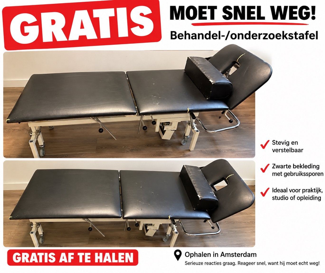 Gratis massage Behandel-/onderzoekstafel - Moet snel weg!, Ophalen, Gebruikt, Massagetafel