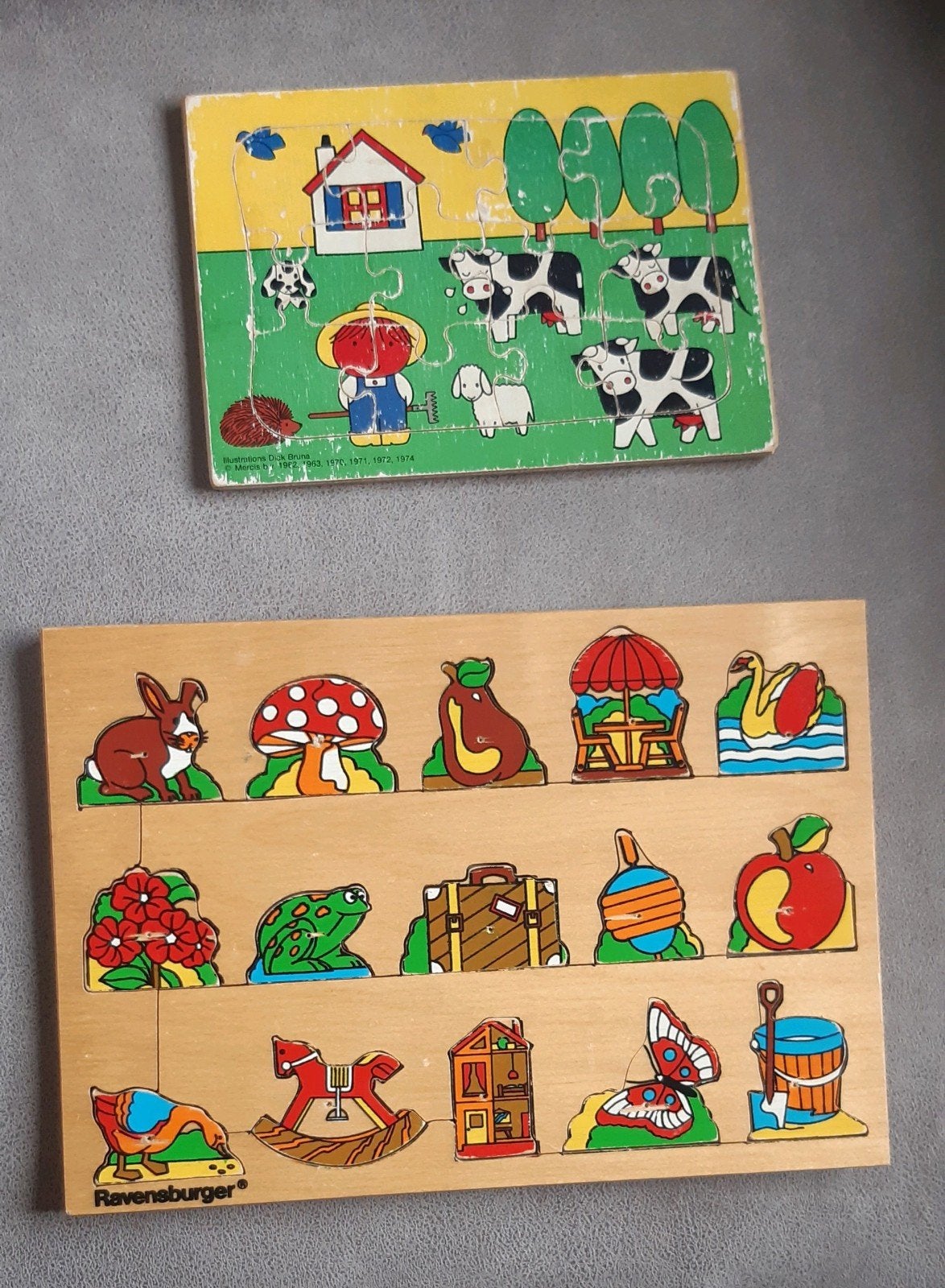 Set van 2 houten legpuzzels:Dick Bruna & Ravensburger, Ophalen of Verzenden, 10 tot 50 stukjes, Gebruikt, Van hout