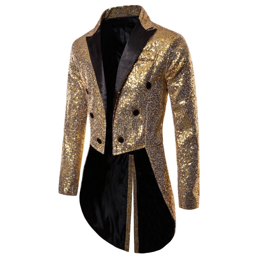Heren lang goud glitter colbert mannen sleep blazer circus, Kleding | Heren, Verzenden, Nieuw, Overige maten, Goud