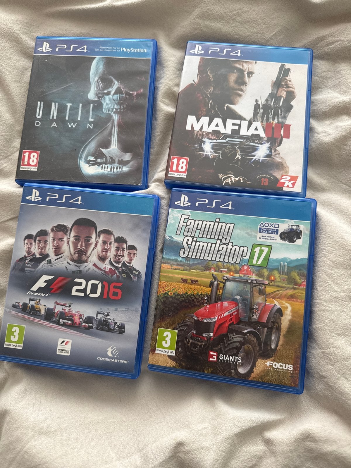 PS4 Games: Until Dawn, Mafia III, F1 2016, Farming Simulator, Spelcomputers en Games, Games | Sony PlayStation 4, Gebruikt, Vanaf 18 jaar