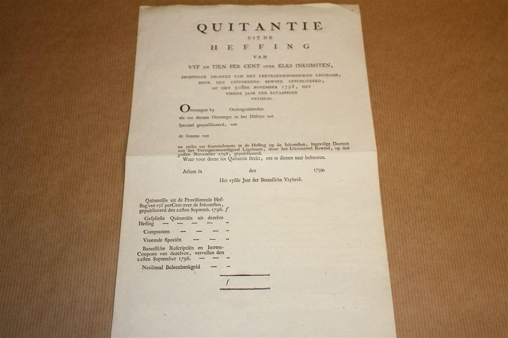 Quitantie ... Bataafsche Vrijheid - 1799 !!, Ophalen of Verzenden