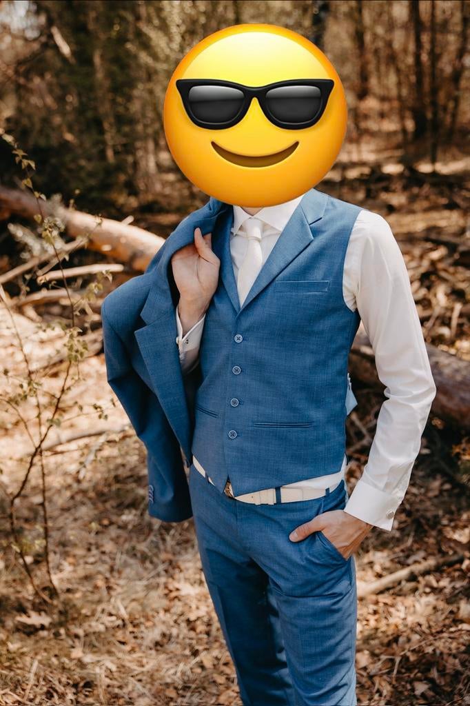 Trouwpak blauw Roka, Kleding | Heren, Ophalen, Zo goed als nieuw, Maat 52/54 (L), Blauw