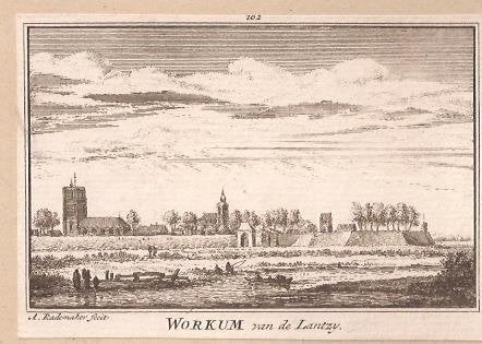 Woudrichem. Workum van de Lantzij.Kopergravure Abr.Rademaker, Origineel, Stadsgezicht, Ophalen of Verzenden, Gravure