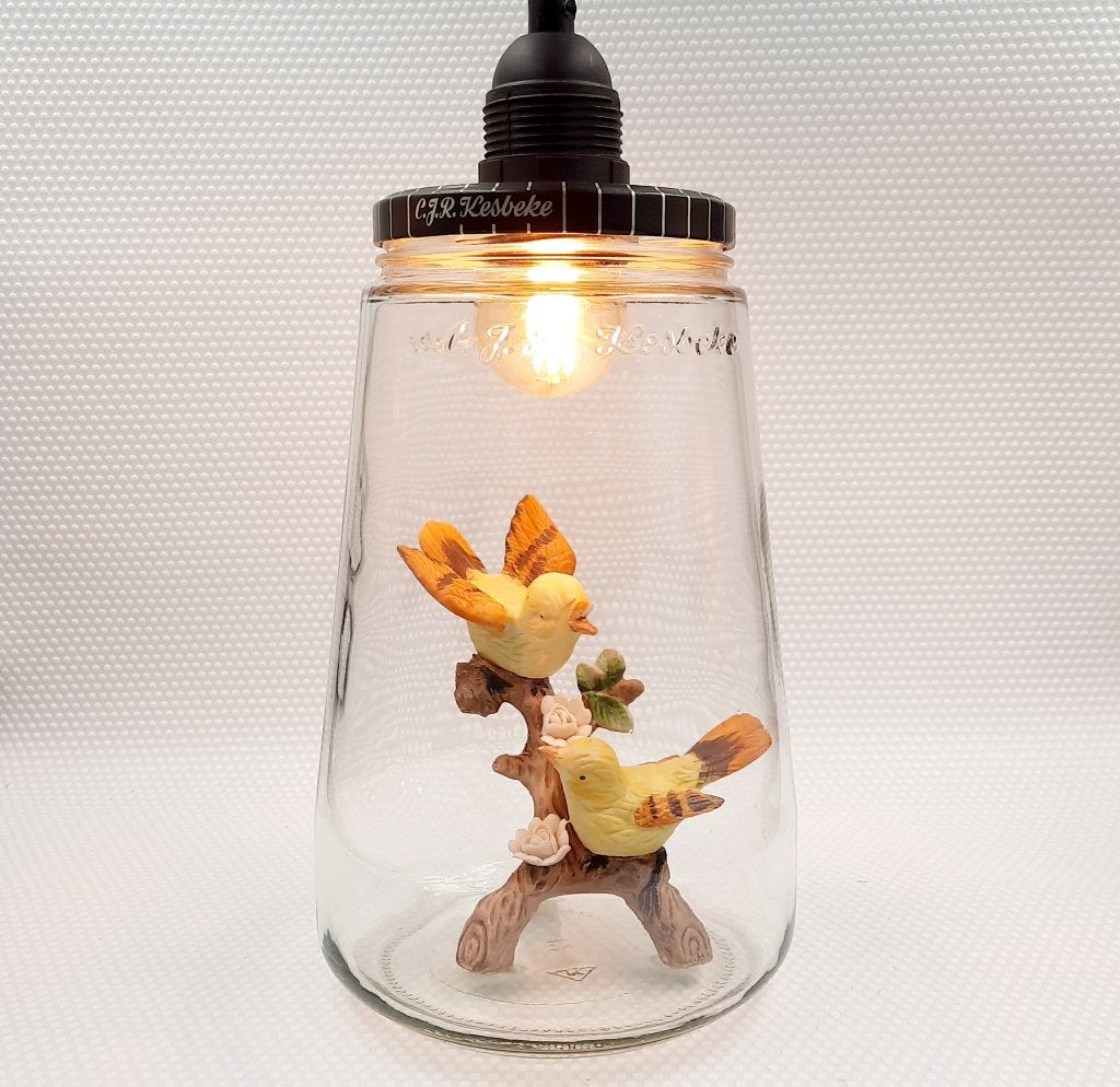 Kesbeke lamp met vintage vogelbeeldje:  hang of staand, Huis en Inrichting, Nieuw, Glas, Vintage industrieel stoer, E27 (groot)